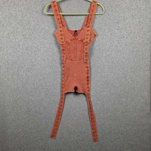 J.OUR Suspender Mini Dress Womens Small Orange Waffle Knit Hook Eye Straps - Picture 1 of 9